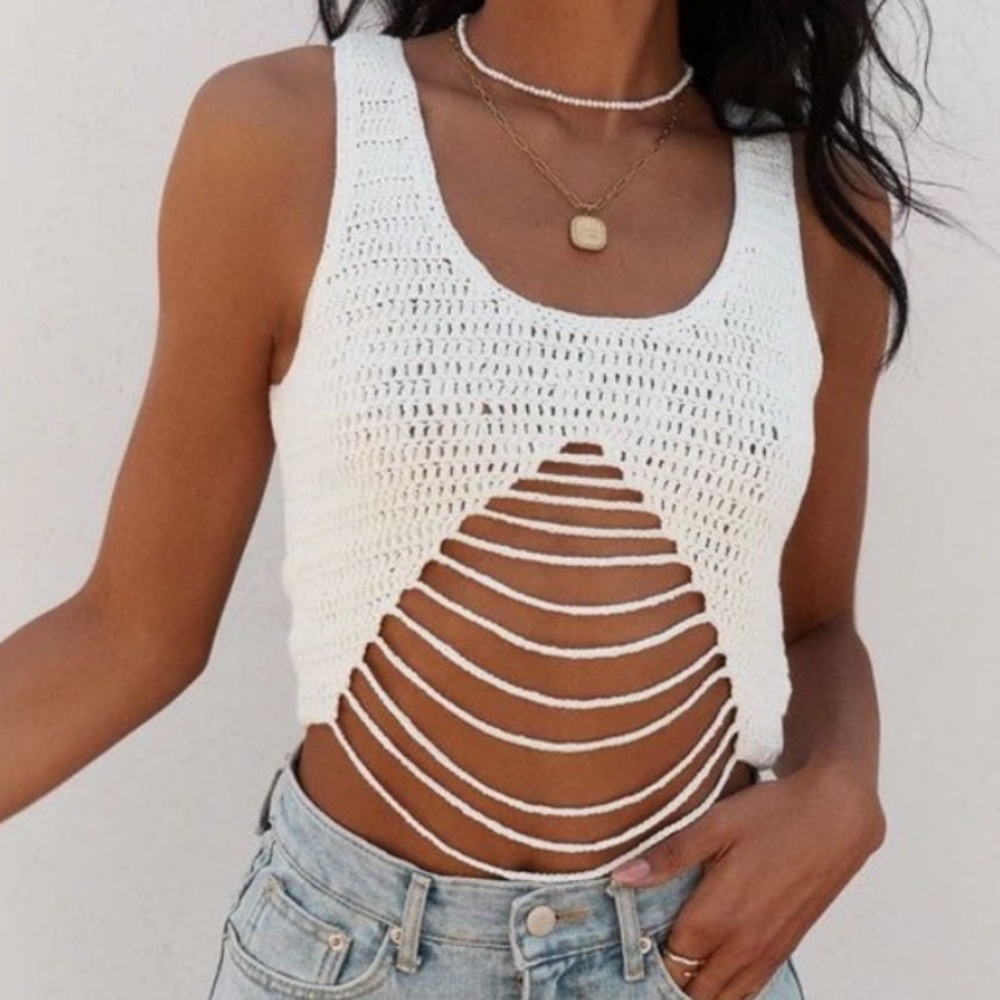 12th tribe White Open Knit Crochet Tank